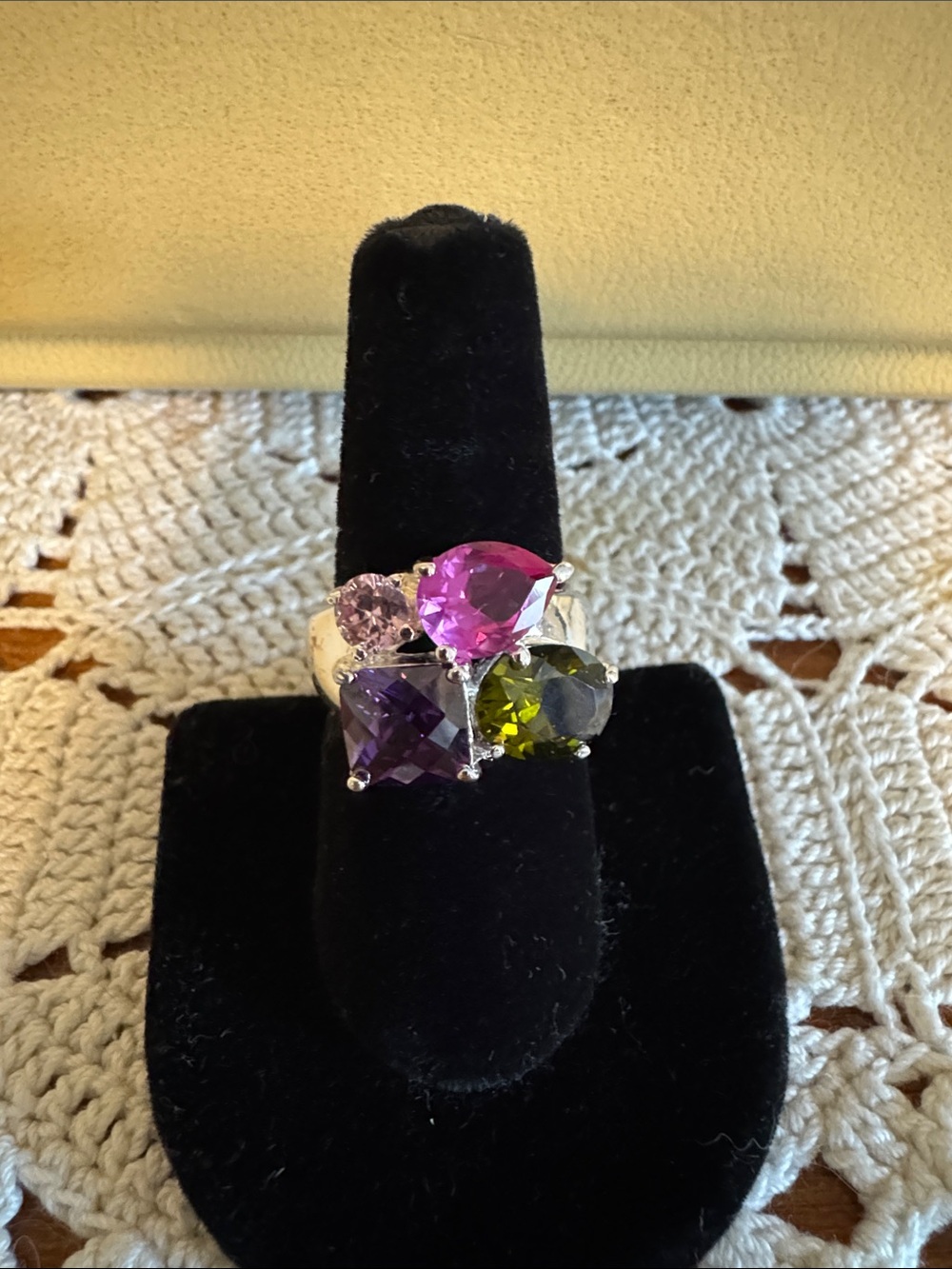 Multi-Stone Silver Ring with Pink, Purple, Green and Light Pink Gemstones